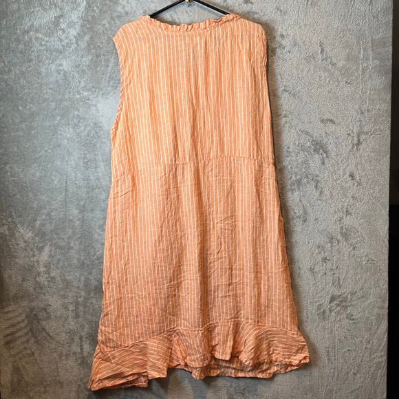 Flax 100% Linen Orange White Striped Sleeveless Ruffle Dress Large Lagenlook - Picture 4 of 7